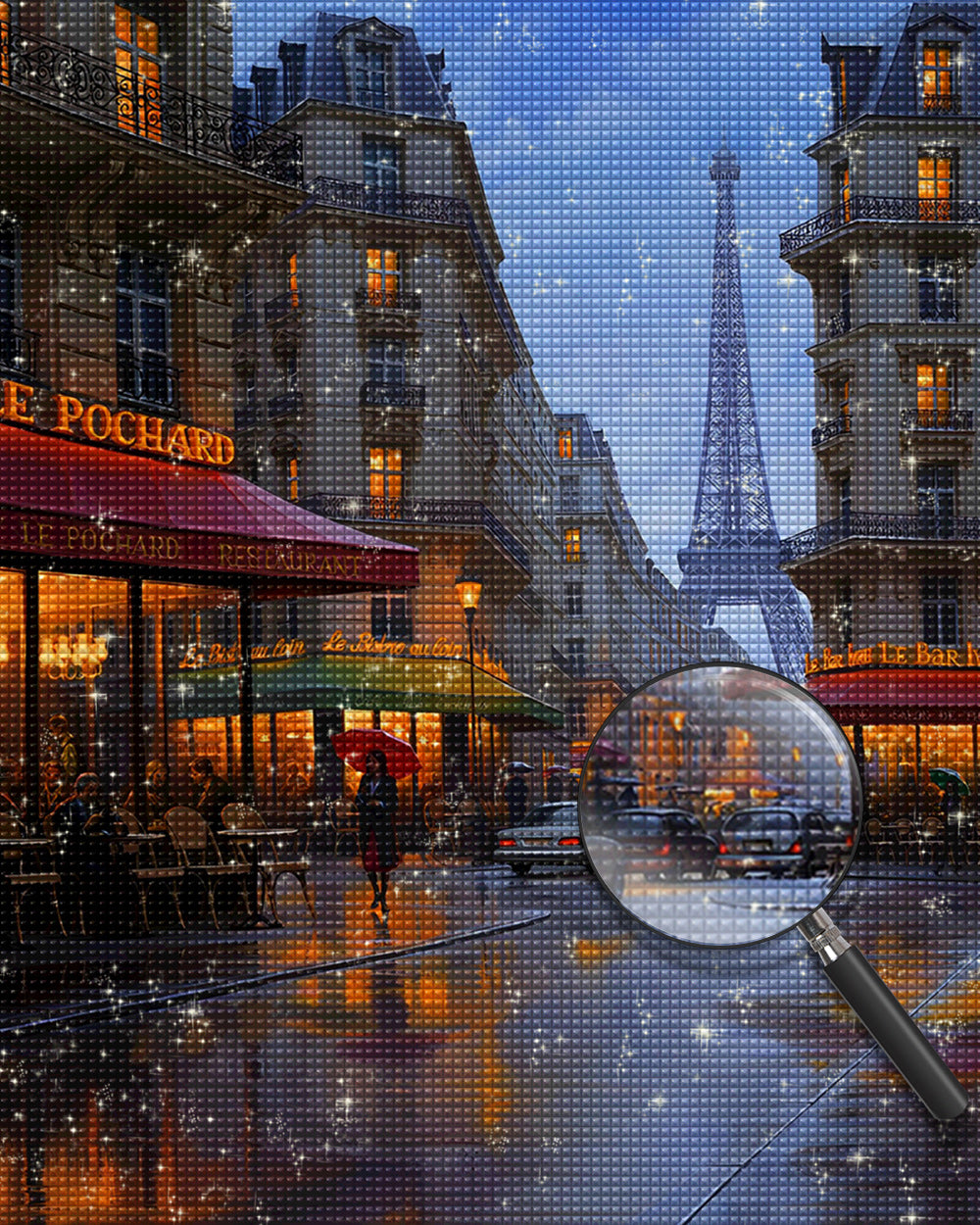 Eiffelturm und Geschäfte bei Nacht Diamond Painting