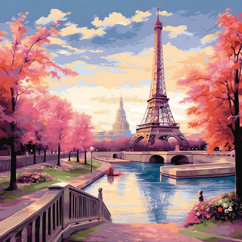 Eiffelturm und rote Bäume Diamond Painting
