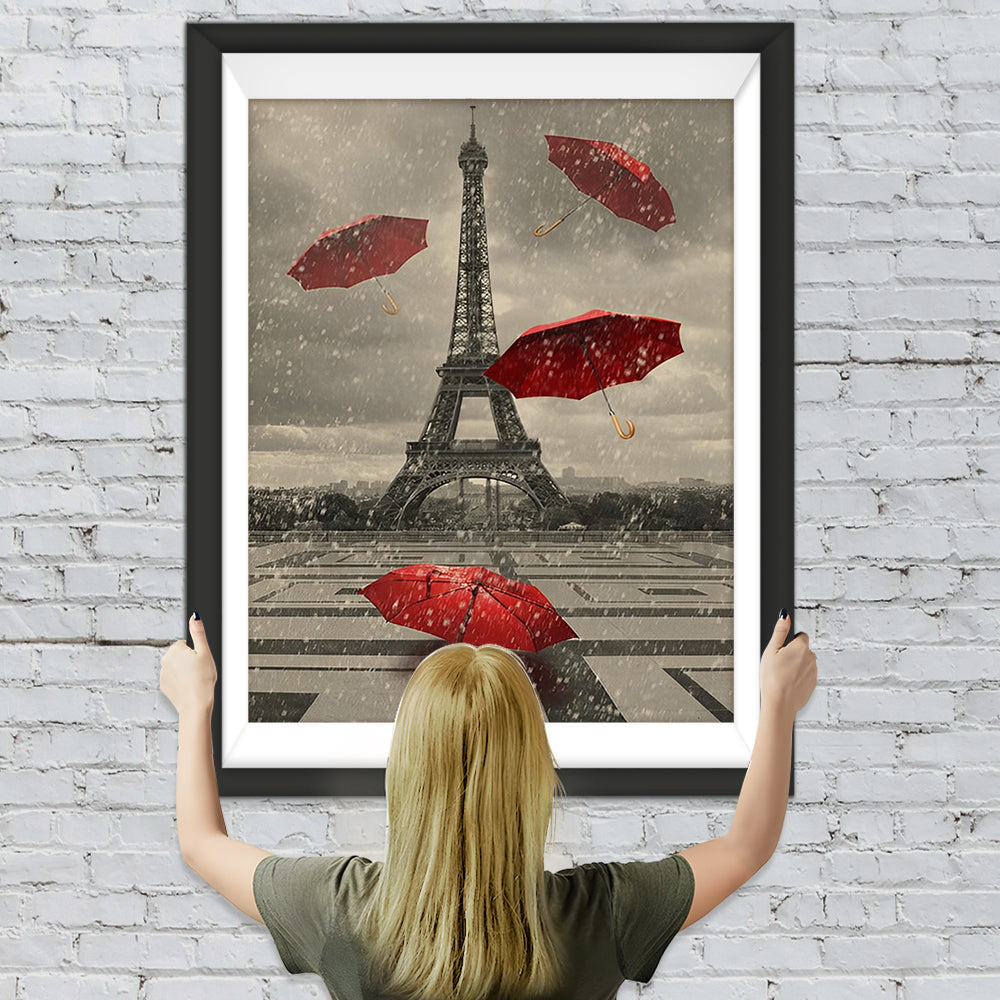 Eiffelturm und rote Regenschirme Diamond Painting