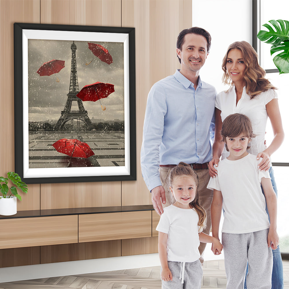Eiffelturm und rote Regenschirme Diamond Painting