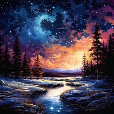 Ein Fluss unter einem ruhigen Sternenhimmel Diamond Painting