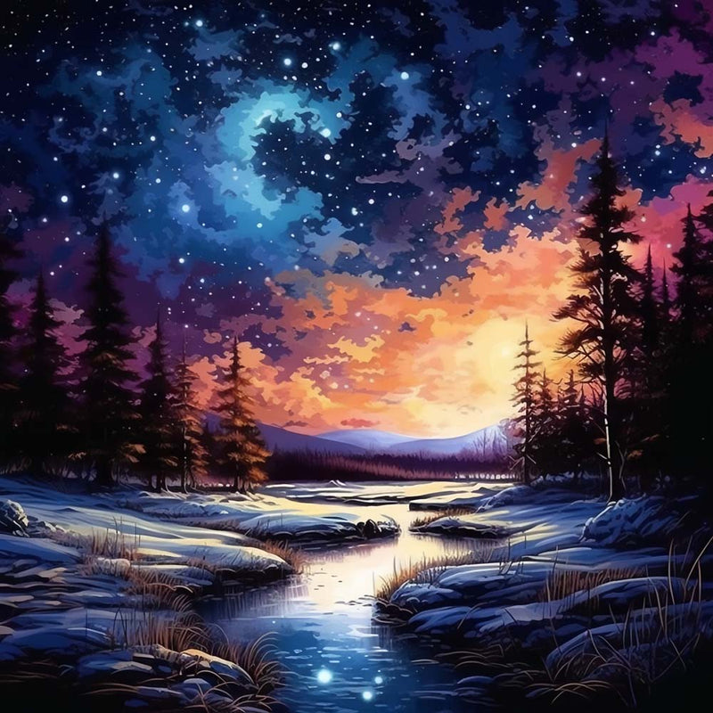 Ein Fluss unter einem ruhigen Sternenhimmel Diamond Painting