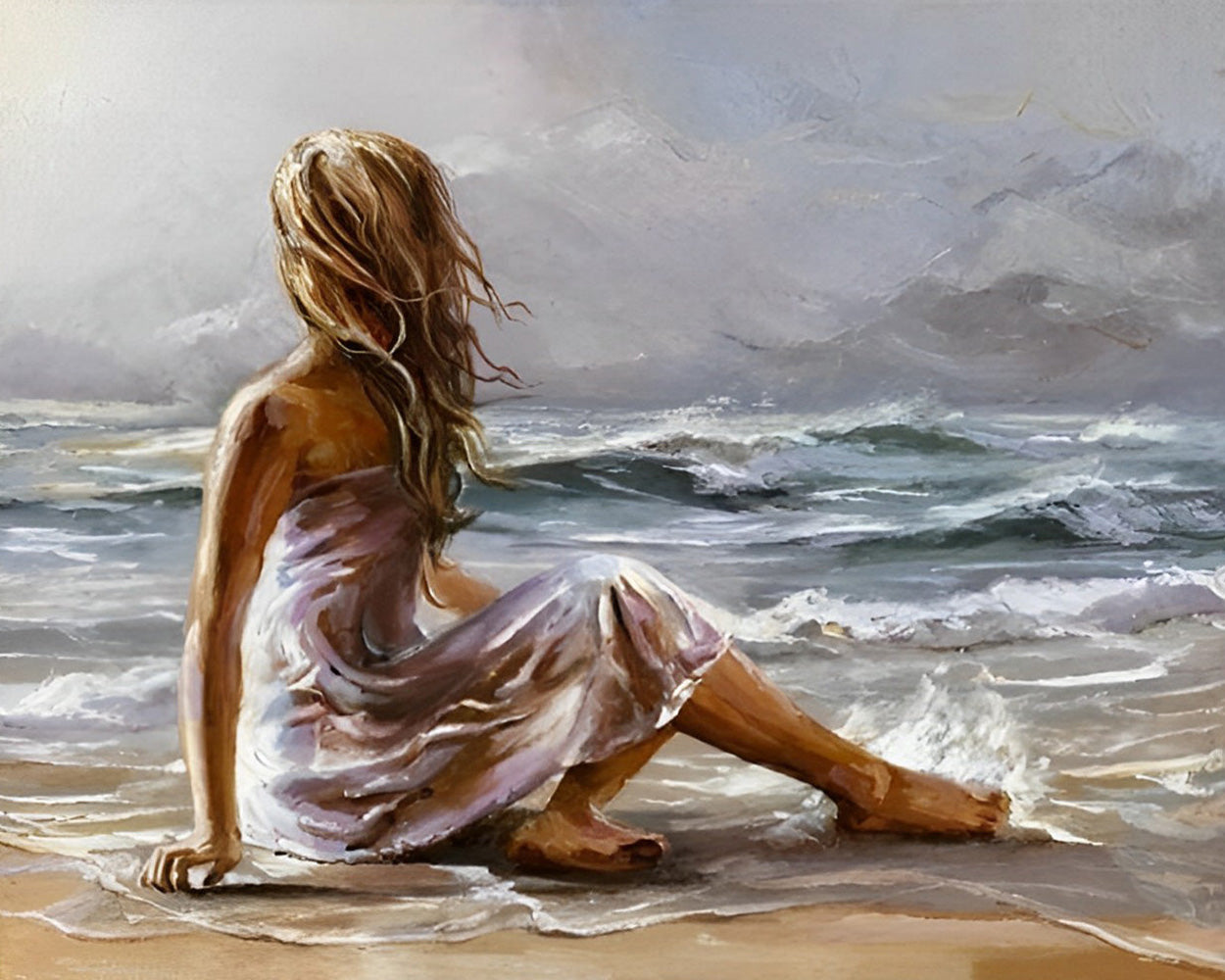 Eine am Strand sitzende Frau Diamond Painting