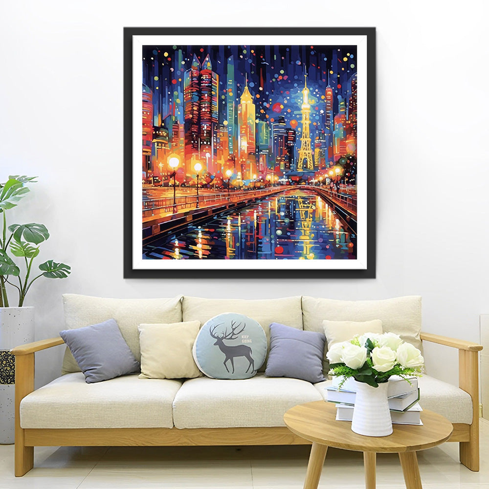 Eine pulsierende Stadt mit hellen Lichtern Diamond Painting