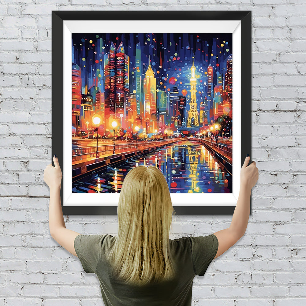 Eine pulsierende Stadt mit hellen Lichtern Diamond Painting