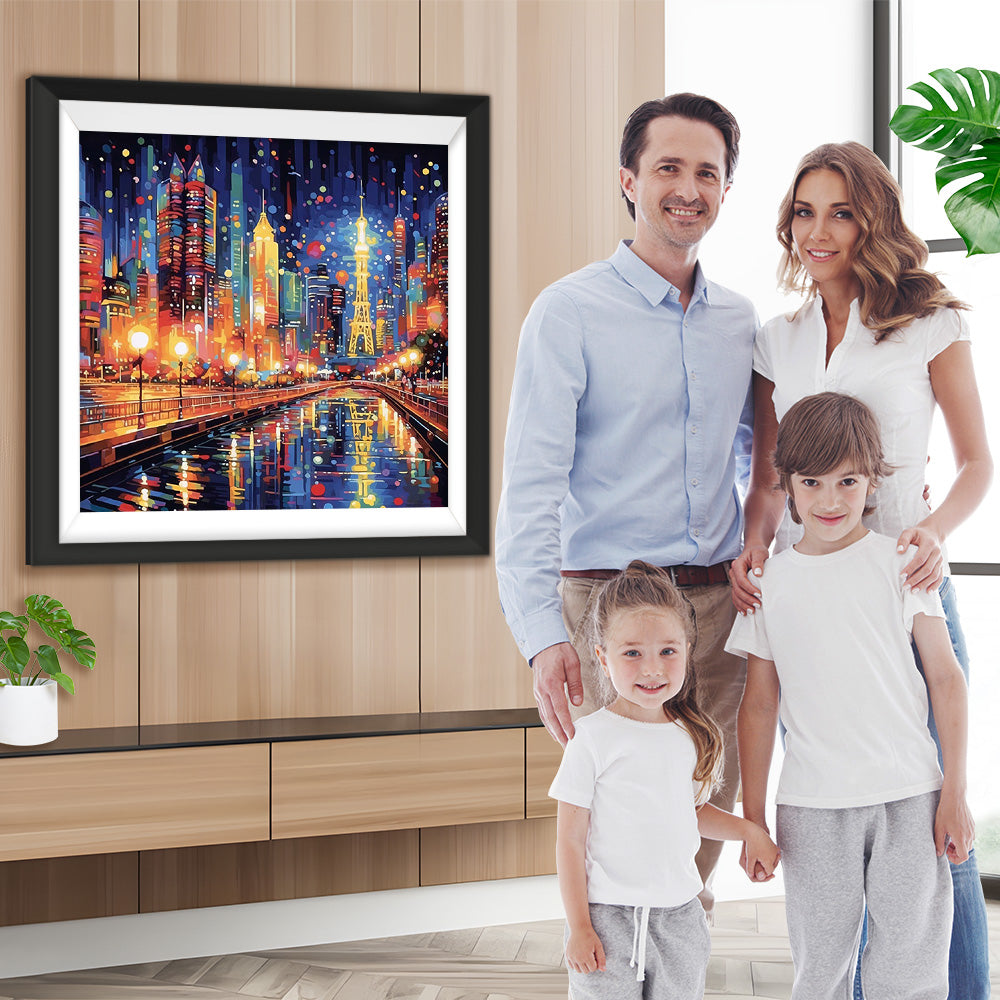 Eine pulsierende Stadt mit hellen Lichtern Diamond Painting