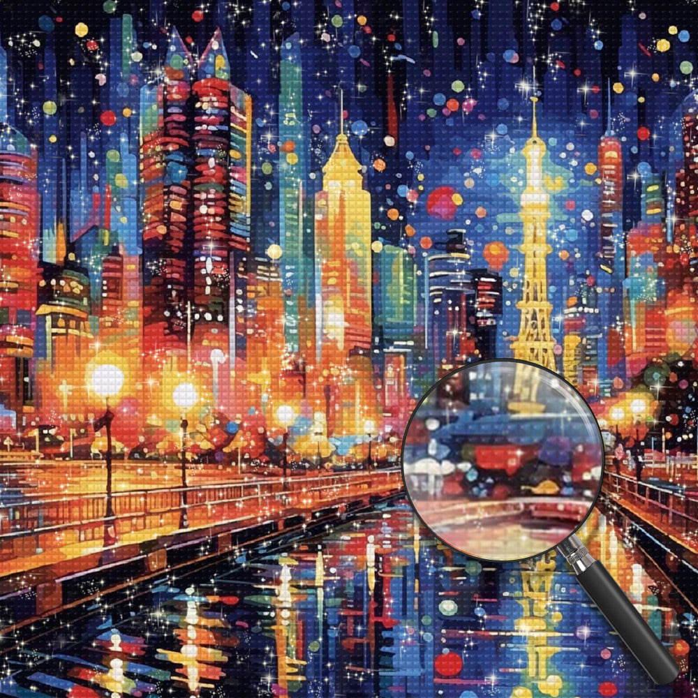 Eine pulsierende Stadt mit hellen Lichtern Diamond Painting