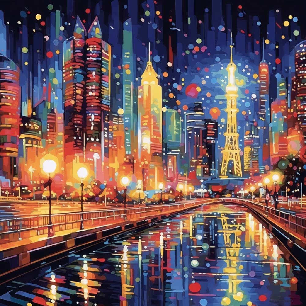 Eine pulsierende Stadt mit hellen Lichtern Diamond Painting