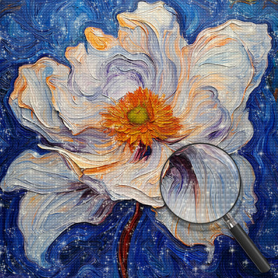 Eine weiße Blume mit orangenen Staubgefäßen Diamond Painting