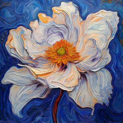 Eine weiße Blume mit orangenen Staubgefäßen Diamond Painting