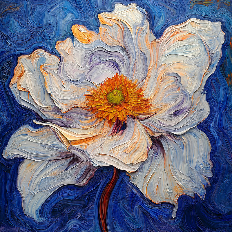 Eine weiße Blume mit orangenen Staubgefäßen Diamond Painting