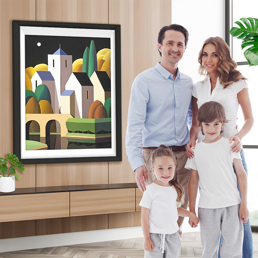 Einfache Gebäude und Bäume Diamond Painting