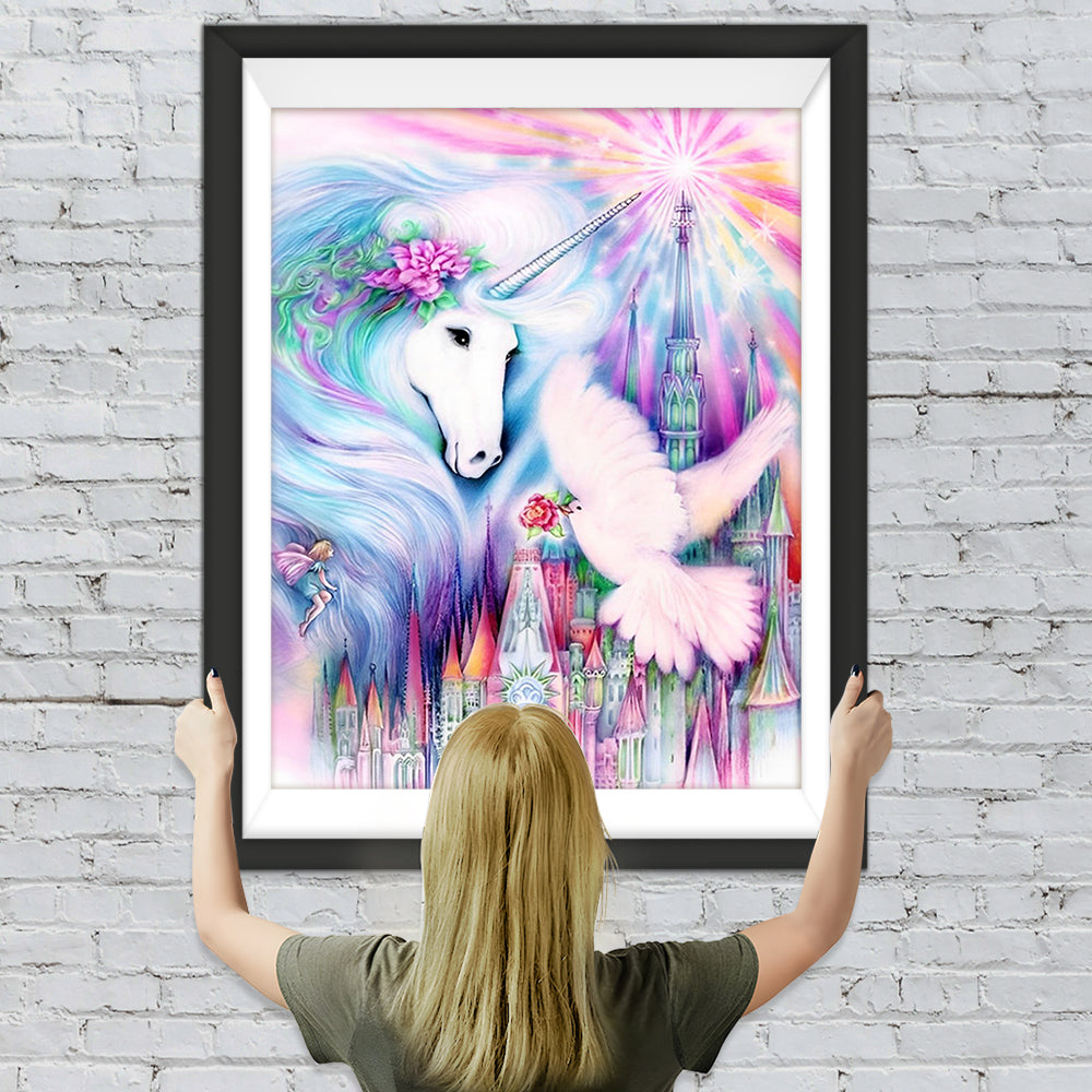 Einhorn, Taube und Schloss Diamond Painting