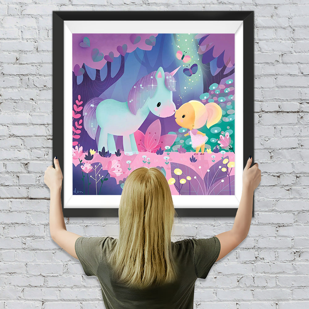 Einhorn und Mädchen im Wald Diamond Painting