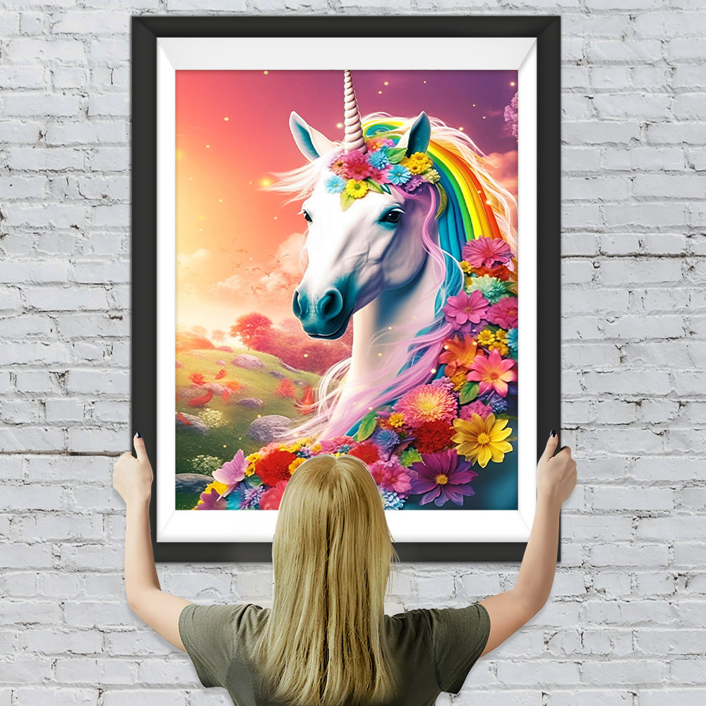 Einhorn und viele Blumen Diamond Painting