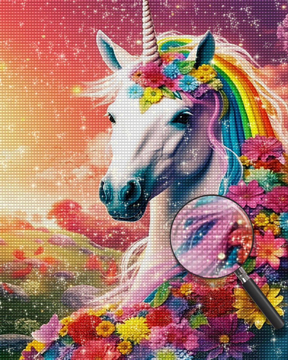 Einhorn und viele Blumen Diamond Painting