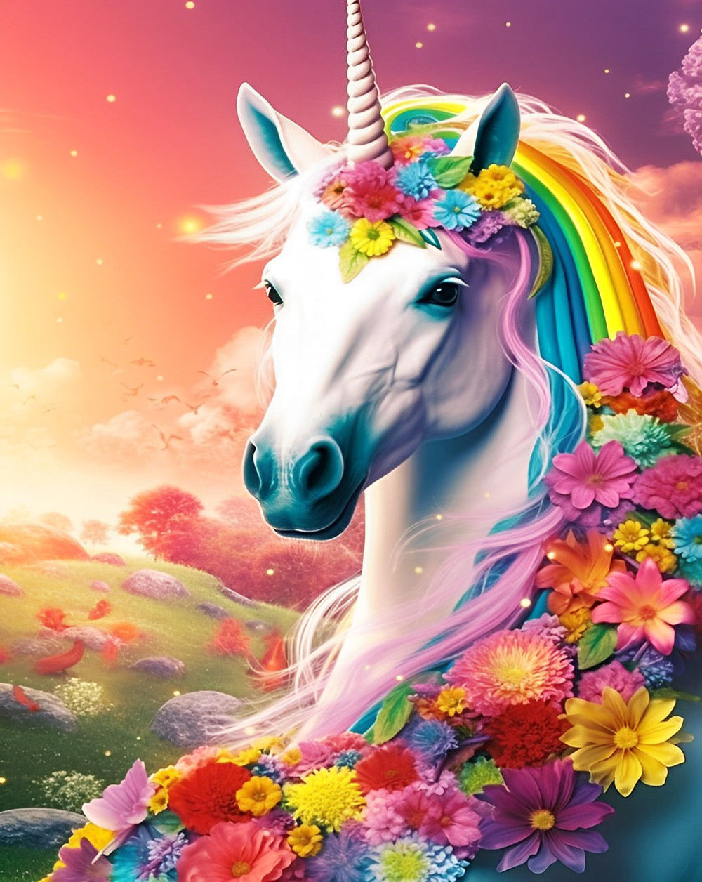 Einhorn und viele Blumen Diamond Painting