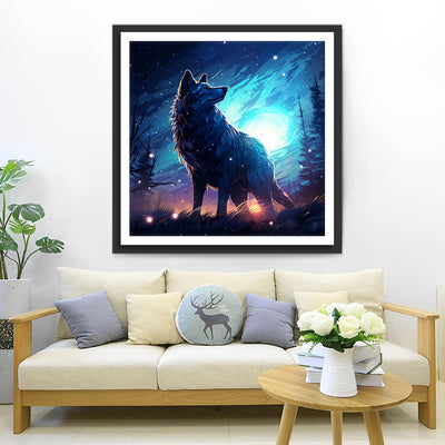 Einsamer Wolf blickt zurück auf den Nachthimmel Diamond Painting