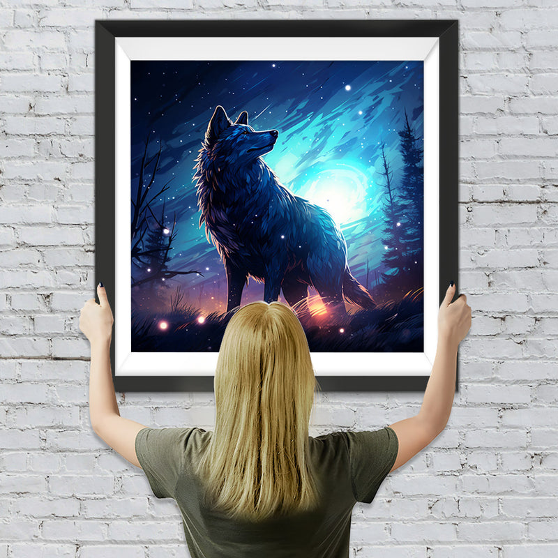 Einsamer Wolf blickt zurück auf den Nachthimmel Diamond Painting