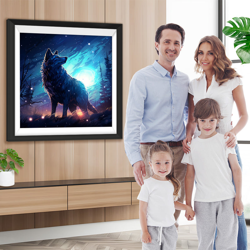 Einsamer Wolf blickt zurück auf den Nachthimmel Diamond Painting