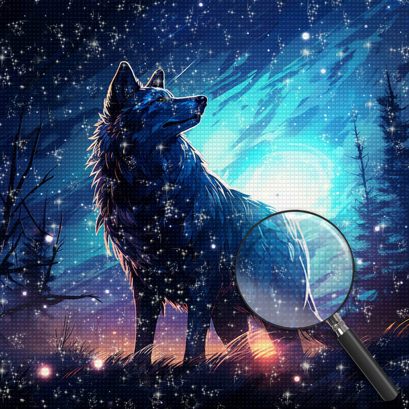 Einsamer Wolf blickt zurück auf den Nachthimmel Diamond Painting