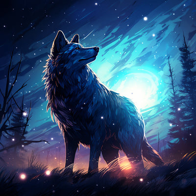 Einsamer Wolf blickt zurück auf den Nachthimmel Diamond Painting