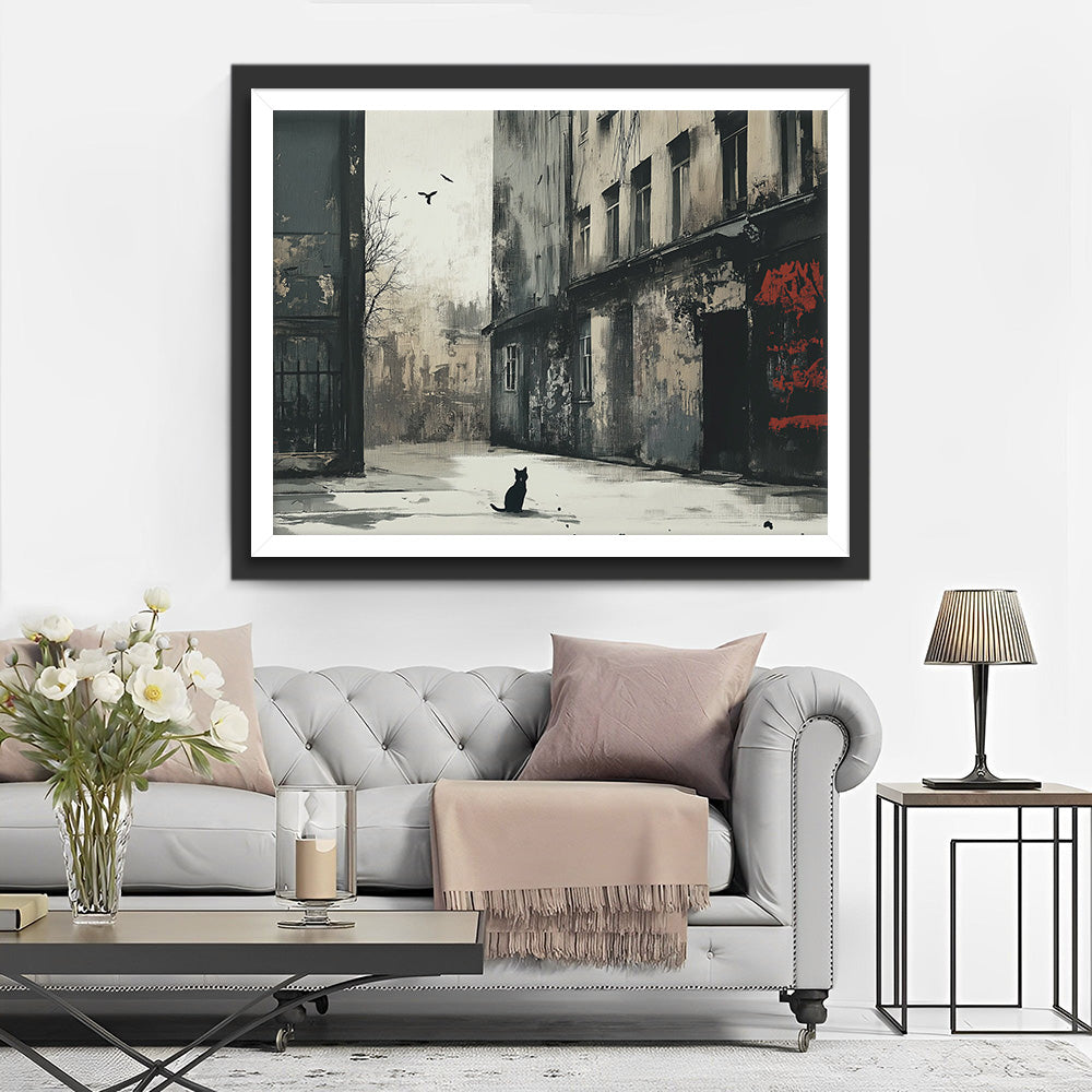 Einsames Gebäude und Schwarze Katze Diamond Painting