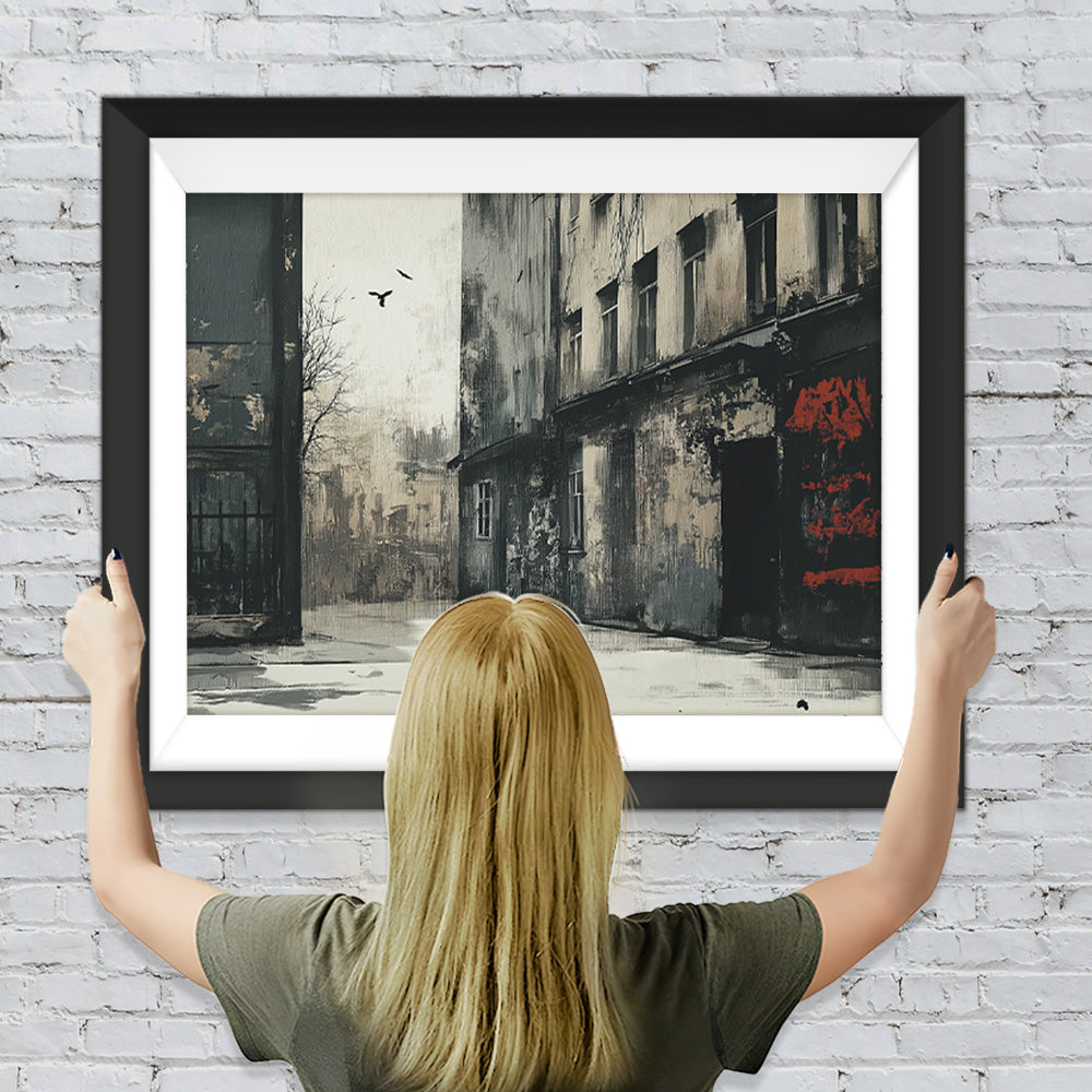 Einsames Gebäude und Schwarze Katze Diamond Painting