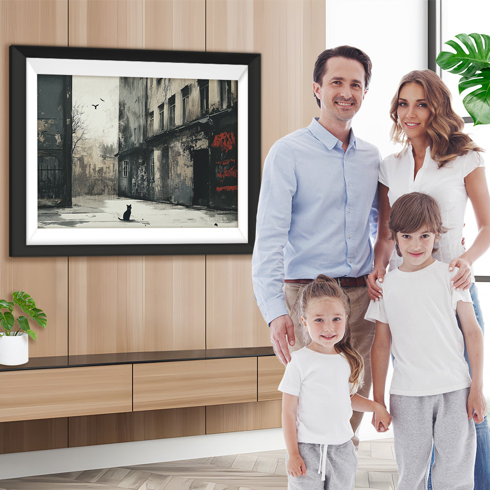 Einsames Gebäude und Schwarze Katze Diamond Painting