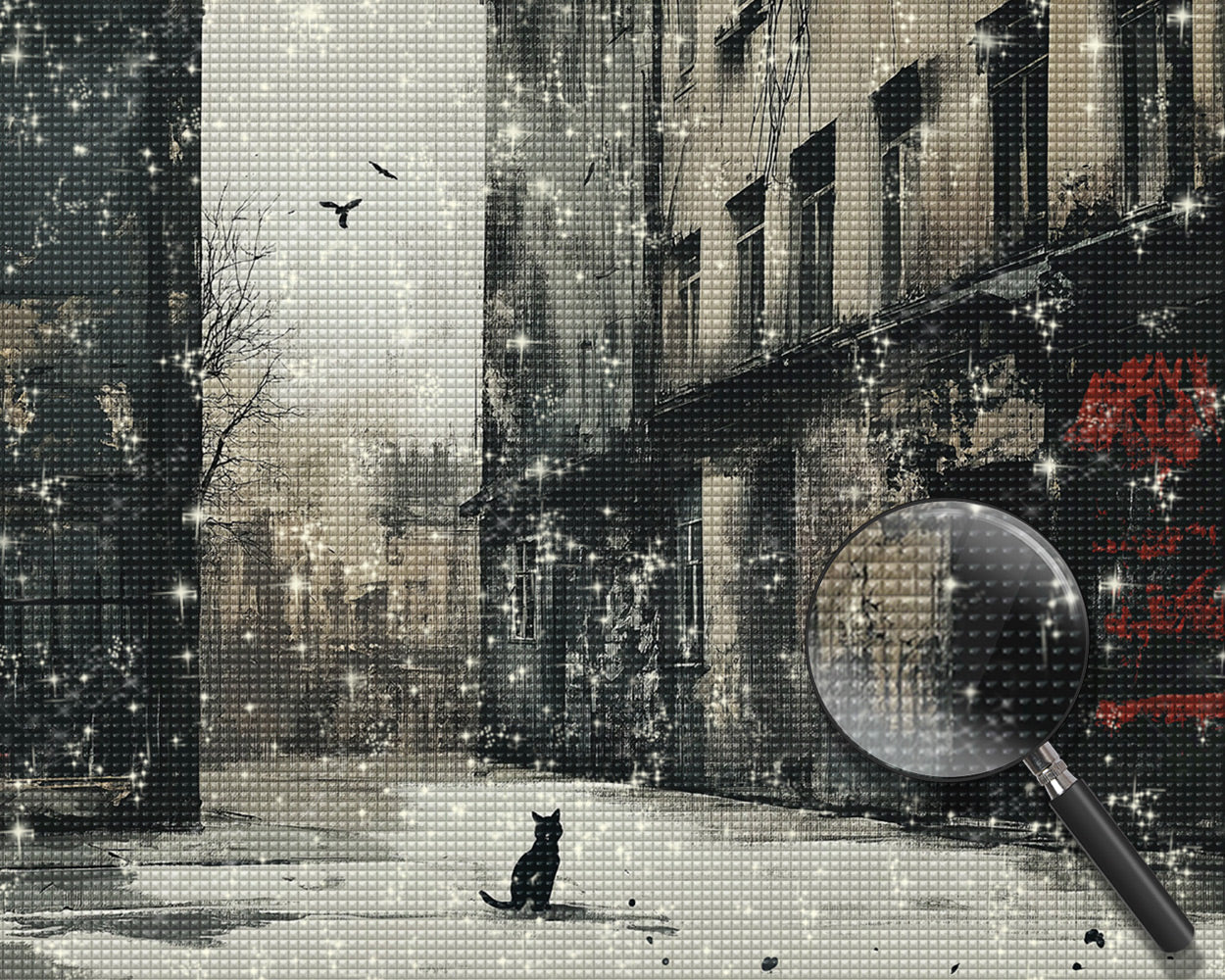 Einsames Gebäude und Schwarze Katze Diamond Painting