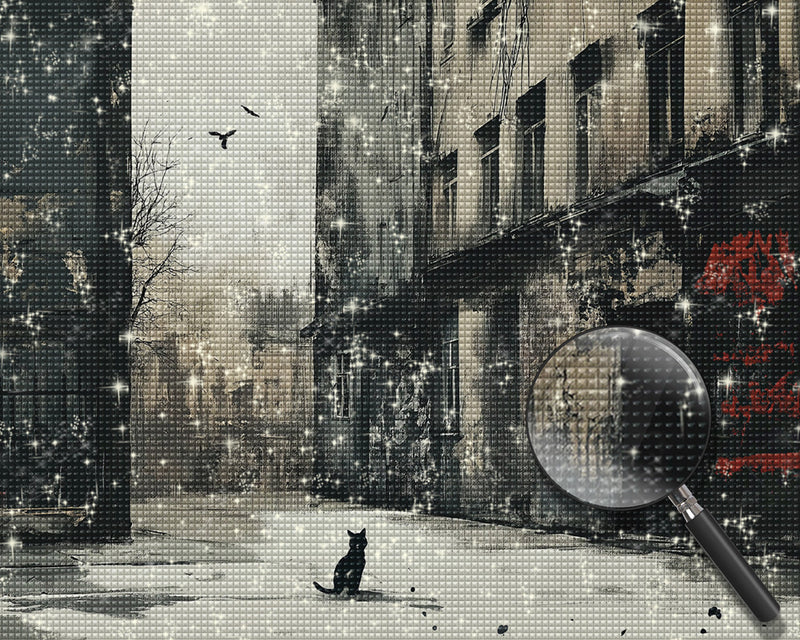 Einsames Gebäude und Schwarze Katze Diamond Painting