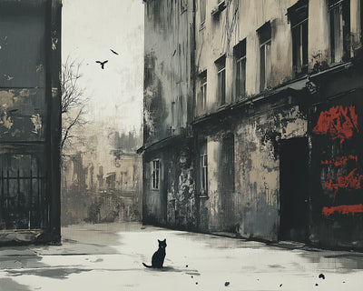 Einsames Gebäude und Schwarze Katze Diamond Painting