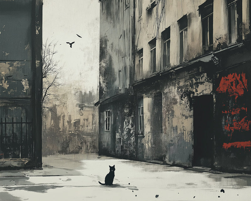 Einsames Gebäude und Schwarze Katze Diamond Painting
