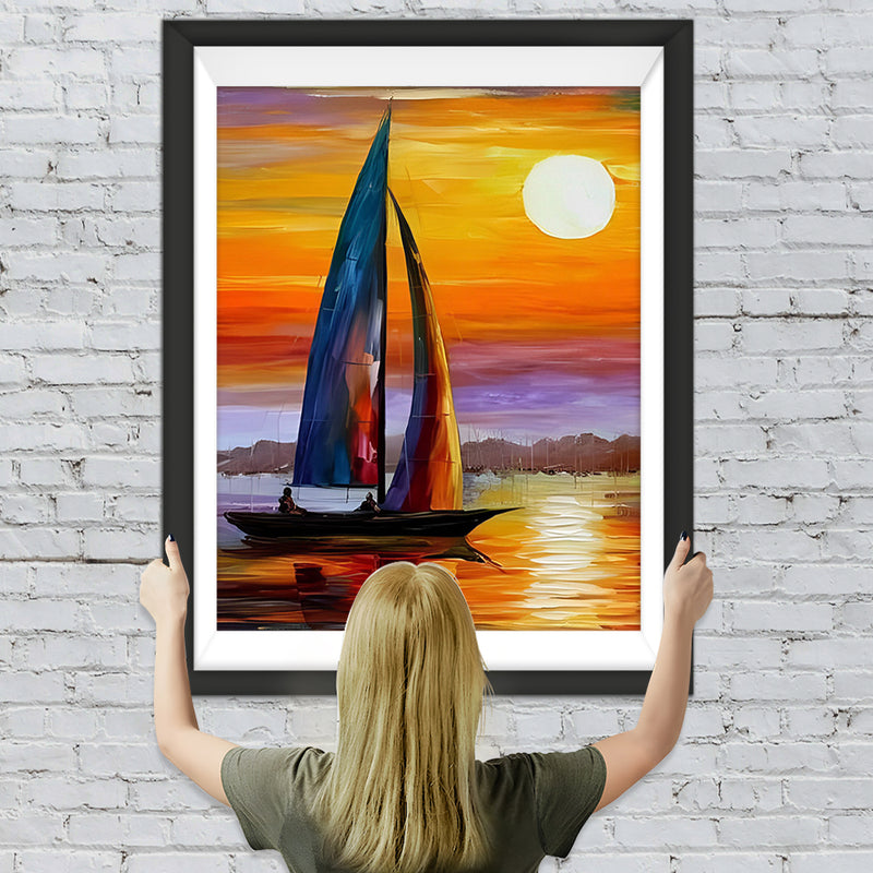 Einsames Segel auf dem See und Abendsonne Diamond Painting