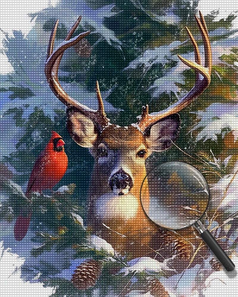 Elch und Roter Vogel im Schnee Diamond Painting