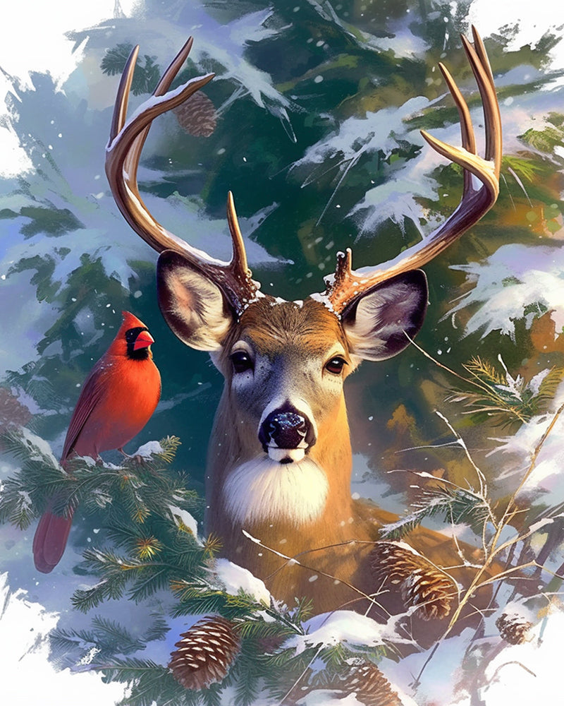 Elch und Roter Vogel im Schnee Diamond Painting