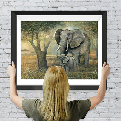 Elefant und kleiner Elefant neben dem Baum Diamond Painting