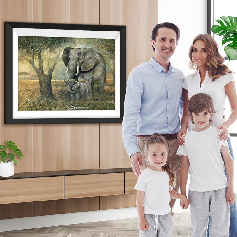 Elefant und kleiner Elefant neben dem Baum Diamond Painting