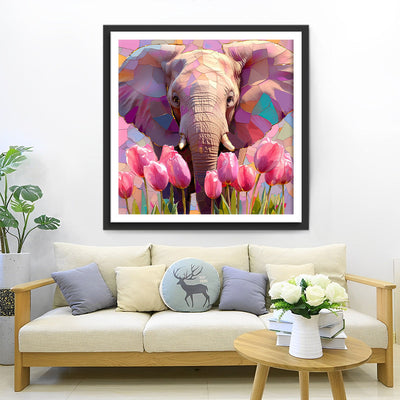 Elefant und Rosa Tulpen Diamond Painting