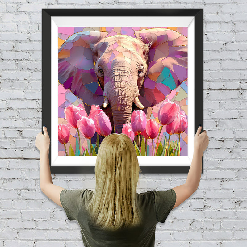 Elefant und Rosa Tulpen Diamond Painting