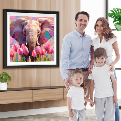 Elefant und Rosa Tulpen Diamond Painting