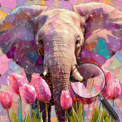 Elefant und Rosa Tulpen Diamond Painting