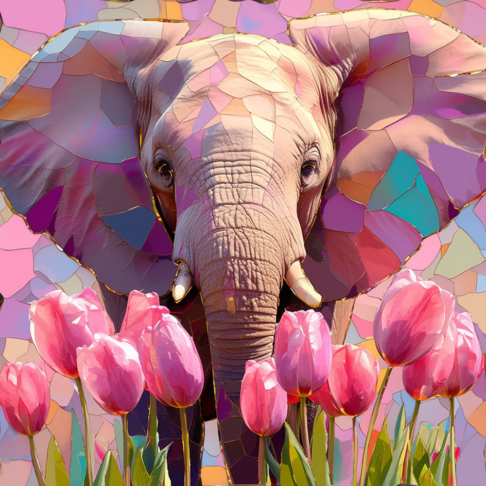 Elefant und Rosa Tulpen Diamond Painting