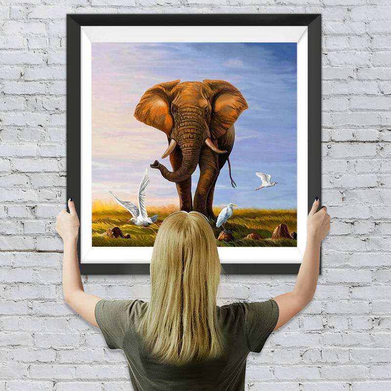 Elefant und weiße Vögel Diamond Painting