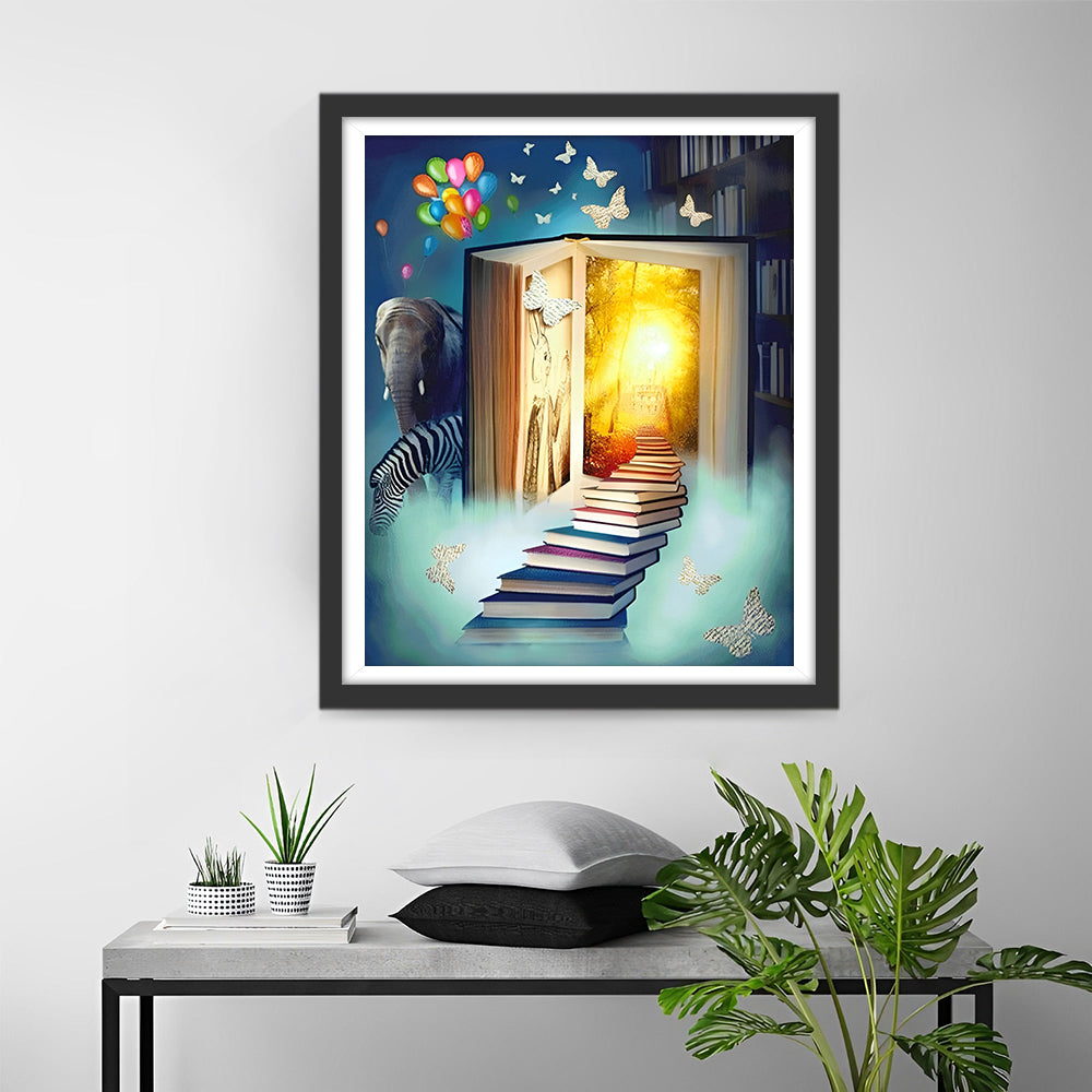 Elefant, Zebra und Bücher Diamond Painting
