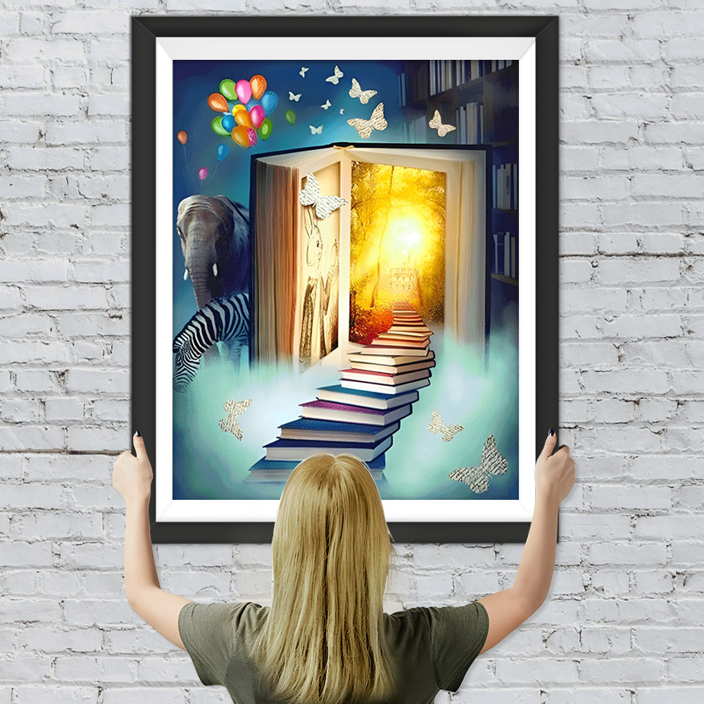 Elefant, Zebra und Bücher Diamond Painting