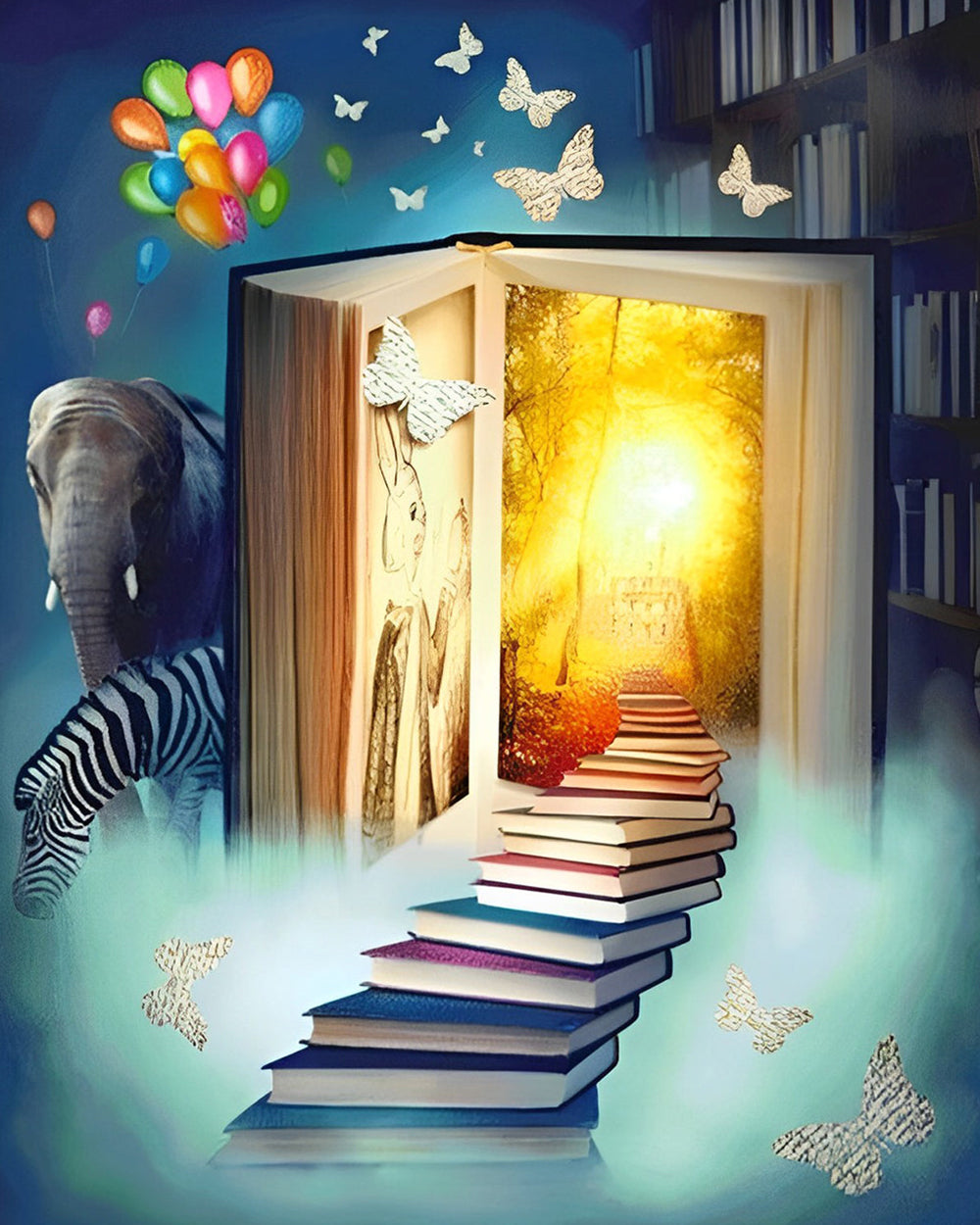 Elefant, Zebra und Bücher Diamond Painting