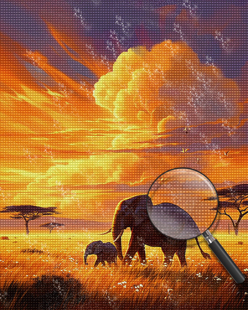 Elefanten bei Sonnenuntergang Diamond Painting