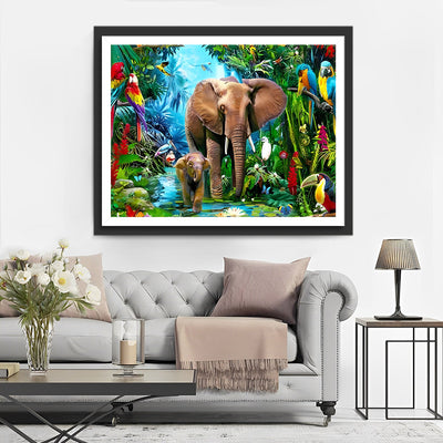 Elefanten und Papageien im Regenwald Diamond Painting