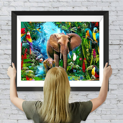 Elefanten und Papageien im Regenwald Diamond Painting